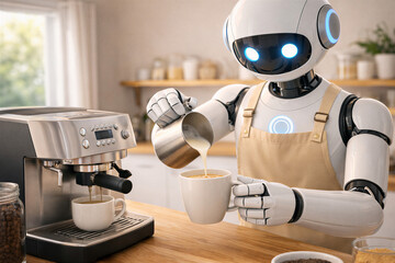Home Assistant Robot Making Coffee in Modern Kitchen