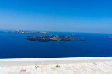 The volcano from The village of Imerovigli in Santorini, Greece