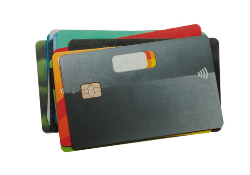 Stack of plastic bank cards isolated on transparent background