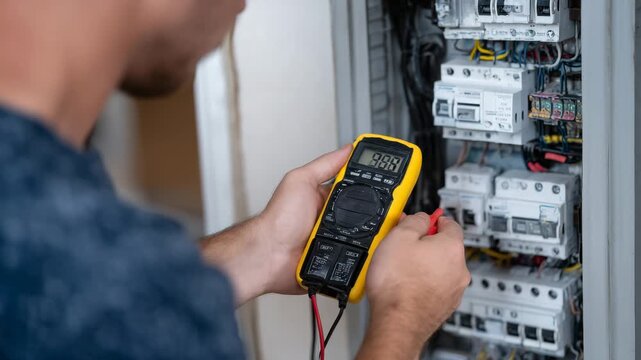 Electrician&rsquo;s hands installing and testing fuse switch box, multimeter used for diagnostics, detailed wiring and breakers visible, modern residential electrical system