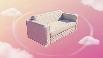 Fototapeta premium Chic Quilted Sofa Floating in Pastel Pink Sky, Sparkling Edges, Dreamy Aesthetic