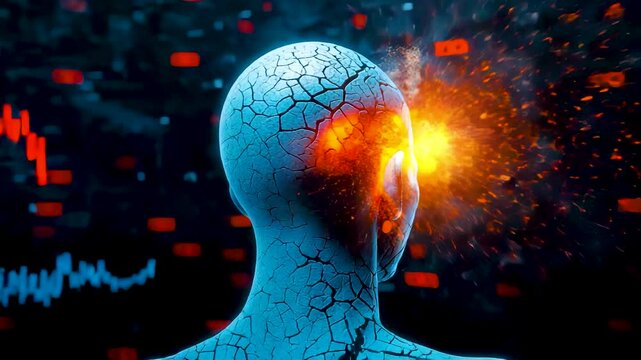 Human Head Silhouette with Cracked Skull Exploding Orange Energy Burst and Red Stock Chart Graphs in Background