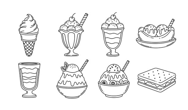Cute black and white ice cream doodle line art icon set with hand drawn dessert illustrations