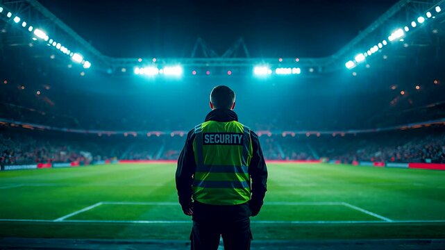 Security Guard in Yellow Vest Standing on Floodlit Football Stadium Field Watching Packed Crowd at Night