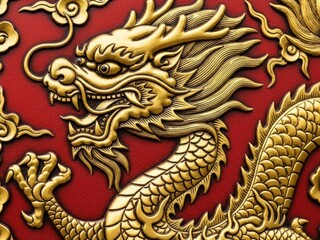 Fototapeta premium Golden Dragon on Red Silk Fabric