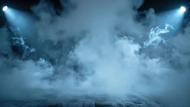 Dramatic stage illuminated by spotlights with smoke and fog creating a mysterious atmosphere.