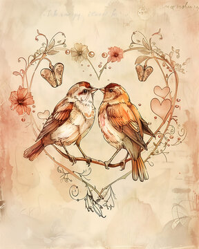 Two inseparable birds sit on a branch, their heads gently touching, forming the shape of a heart. Around them are delicate, slightly worn hearts, tiny rosebuds, and scattered pearls.