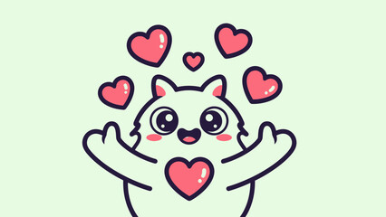 Cute cartoon cat with hearts, love concept