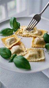 Raviolis frais garnis servis avec basilic et fourchette