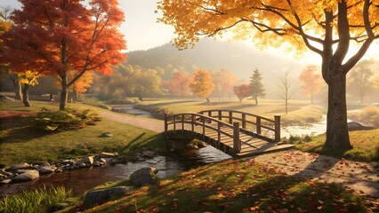 Serene autumn landscape with wooden bridge over stream, fall foliage, and sunny pathway through park