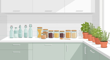 A serene kitchen scene featuring glass jars filled with pasta, lentils, and herbs in pots