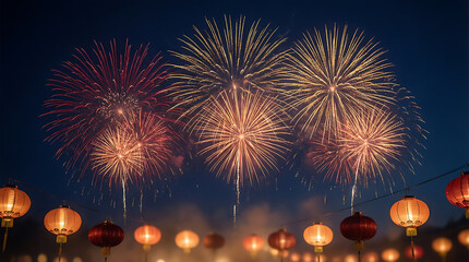 Colorful pyrotechnics explosion of red and blue fireworks display over the river in the dark night sky for a New Year holiday festival celebration