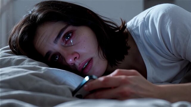 Femme en larmes seule regardant son t&eacute;l&eacute;phone