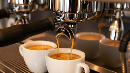Espresso Coffee Extraction, professional machine pouring fresh shot, white ceramic cups, café equipment, barista brewing process, specialty coffee concept