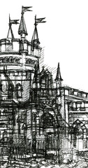 Obraz premium Abstract sketch of church spires on a white background. Architectural fantasy illustration