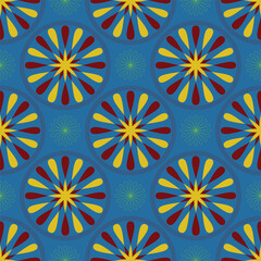 A vibrant geometric floral pattern on a blue background, ideal for wallpapers, textiles, posters, and modern digital designs.