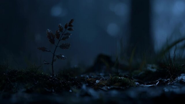 Wildfire raging through dense forest trees concept. A glowing sapling symbolizes resilience amidst destruction.