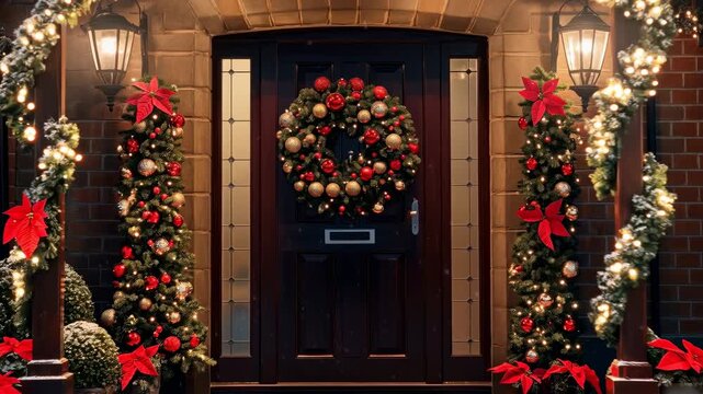Festive christmas door decorating for holiday season. Entrance with wreath, garand, light, tree. Home outdoor decor concept.