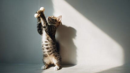 Obraz premium Playful kitten reaching for a toy, stretch paws high while enjoying sunlight in a cozy indoor space, adorable furry friend in action