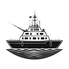 Obraz premium Black and white silhouette of a motor yacht sailing on the ocean waves. Fishing rod and antenna.