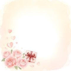 Watercolor Valentine Roses and Gift Background with Hearts and Copy Space