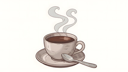 A comforting illustration of a steaming hot cup of coffee on a saucer with a spoon