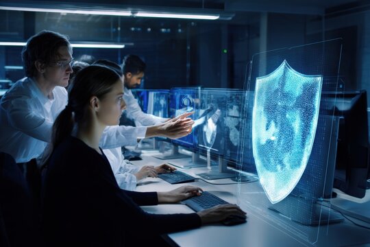 woman leading global cyber defense coordination with holographic shield and world map, crossteam communication, incident playbooks and strategic alignment across operations