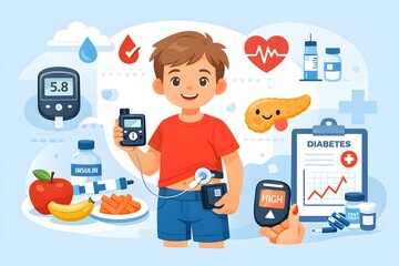 Flat vector illustration of childhood type-1 diabetes child with insulin pump friendly medical style 