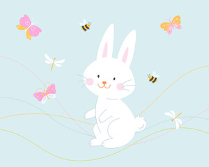Obraz premium Cute bunny surrounded by butterflies, bees, and a dragonfly. Sweet nature-inspired illustration perfect for spring, Easter, kids designs, and cheerful greeting cards.