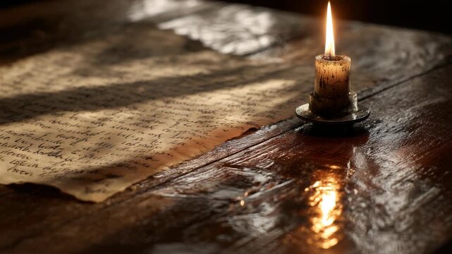 Antique candlelit manuscript on wooden table reflecting warm light