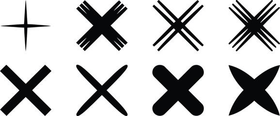 Obraz premium Cross shapes diverse black vector graphics displaying varied line thickness multiple strokes and geometric forms for marking and symbols. 