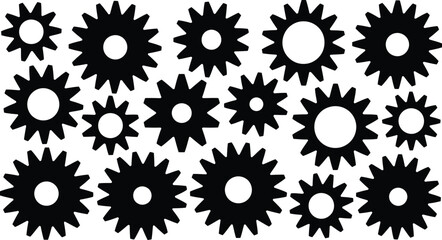 Gear shapes in various sizes, presented as black silhouettes, illustrating diverse mechanical cogwheel components and industrial design elements.
