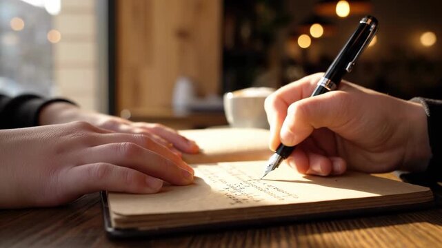 Hand holding pen writing in notebook on wooden table indoors