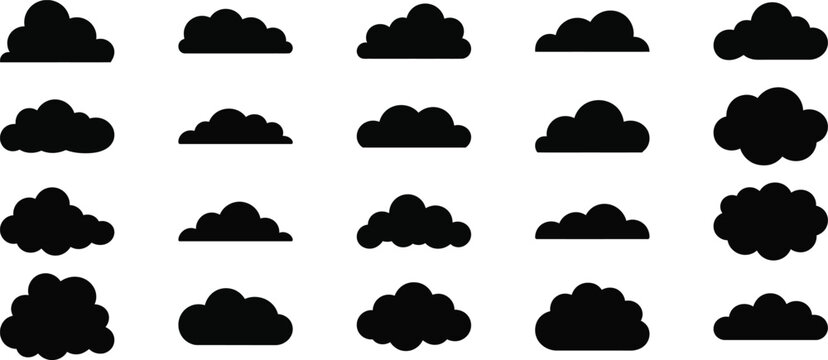 Clouds collection of diverse black silhouette shapes, illustrating various atmospheric formations and weather elements as stylized graphic icons.
