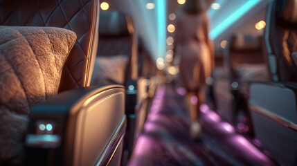 View from behind a person stepping into a first-class airplane cabin - Luxurious leather seats and soft ambient lighting.