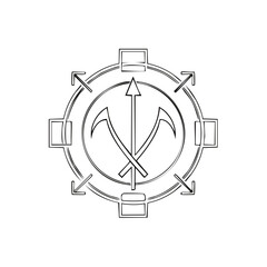 Fototapeta premium Abstract Circular Symbol with Arrows and Scythes A Black and White Emblem