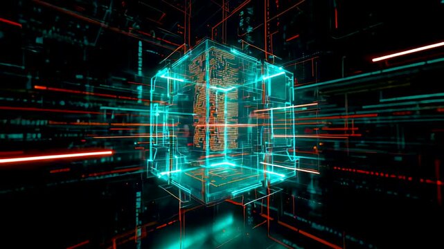 Glowing cyan wireframe cube suspended in digital grid with red green neon lines and data streams in dark cyber matrix space