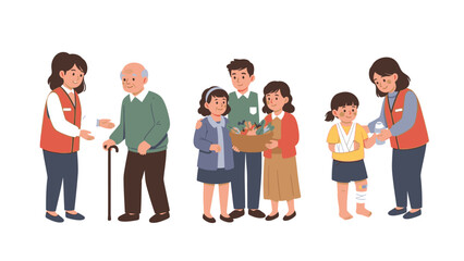 Obraz premium Illustration of diverse people standing in a line, receiving and giving support with a subtle gradient background conveying a sense of community and social connection.