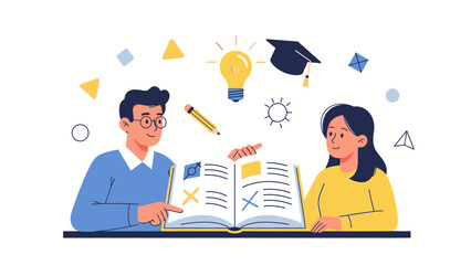 Two students sitting at a desk, studying from an open book with educational icons floating above them, in a colorful and whimsical flat illustration style with a clean white background.