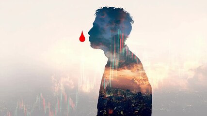 Businessman watching stock market graph at sunset concept. Silhouette of a man with cityscape and market data overlay. - Powered by Adobe