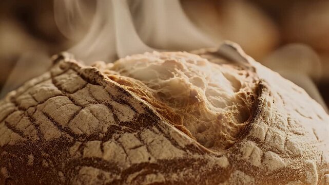 A close-up view of a freshly baked bread loaf with cracked crust, highlighting the texture and details of the bread's surface.