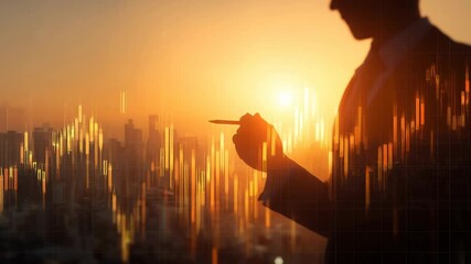 Businessman watching stock market graph at sunset concept. A silhouette of a man observing market trends against a vibrant sunset over a cityscape. - Powered by Adobe