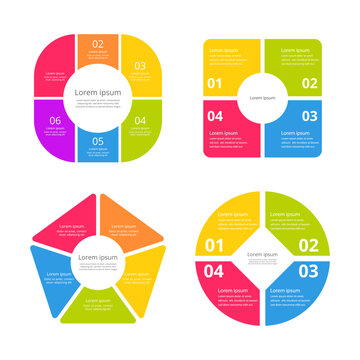 Colorful infographic templates &mdash; 4, 5, 6 segment layouts. Flat vector set. For visualizing processes, stages, categories or options. Suitable for presentations, reports, dashboards, slides, marketing 