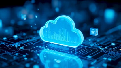 Glowing blue cloud icon floating above digital circuit board grid with sparkling data particles and reflections in cyber network background - Powered by Adobe