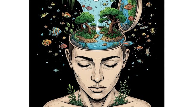 Deep Mind Surrealist Illustration of Human Consciousness with Waterfall and Ecosystem