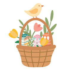Vector illustration of festive Easter basket filled with colorful eggs and spring flowers, with cute chick sitting on top. Isolated holiday element for Easter designs, cards, prints, and decorations.