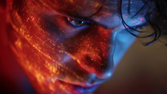 Businessman watching stock market graph at sunset concept. Intense focus on facial details illuminated by colorful lights and reflections.