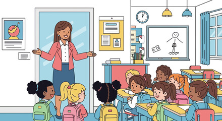 A teacher welcomes her students to a colorful classroom filled with learning materials and smiling