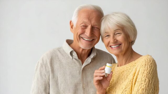 A happy senior couple holding a small bottle, smiling and looking into the camera. The couple displays a healthy lifestyle, maybe related to medicine or supplement