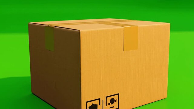 Unopened cardboard box with packing tape on a vibrant green background in studio setting